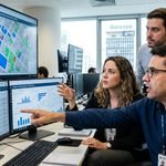 Auditores fiscais municipais analisando dados tributários e mapa de georreferenciamento no software ContÁgil Lite e sistema CIB