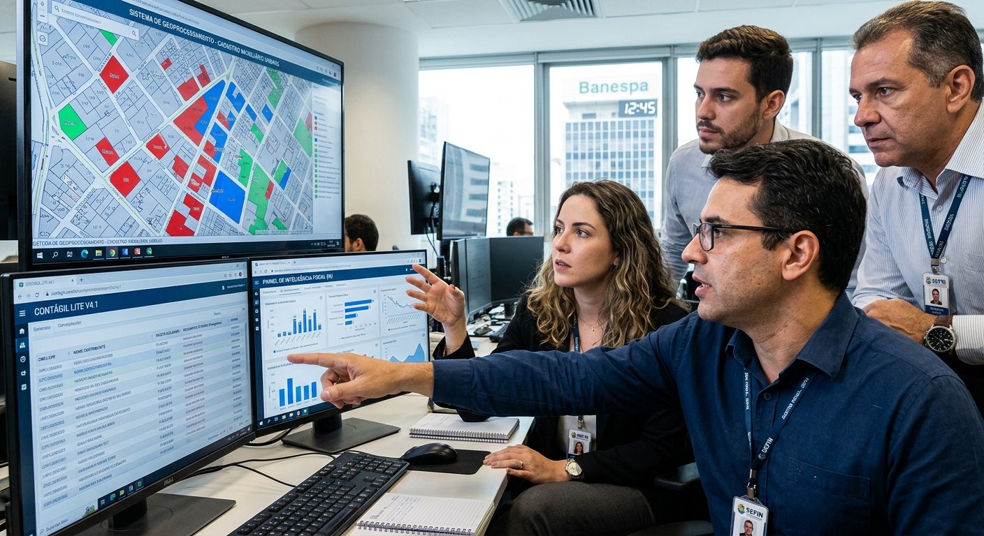 Auditores fiscais municipais analisando dados tributários e mapa de georreferenciamento no software ContÁgil Lite e sistema CIB
