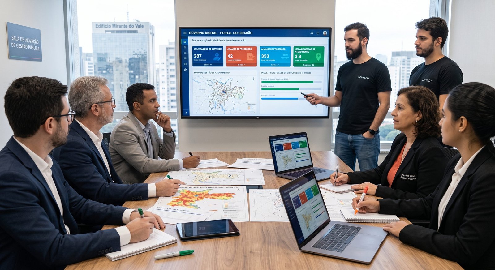 Gestores públicos e desenvolvedores de startup apresentando solução tecnológica inovadora para gestão municipal em ambiente de testes