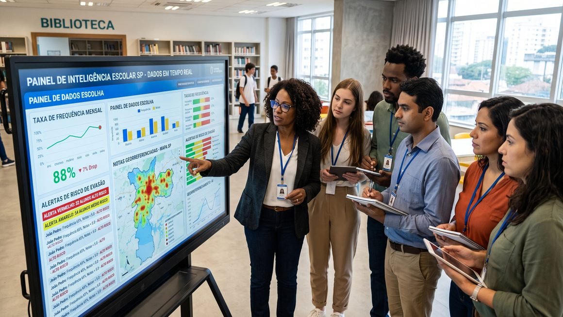 Professores e gestores escolares analisando painel de inteligência artificial com dados de desempenho e alertas preventivos de evasão escolar