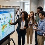 Professores e gestores escolares analisando painel de inteligência artificial com dados de desempenho e alertas preventivos de evasão escolar