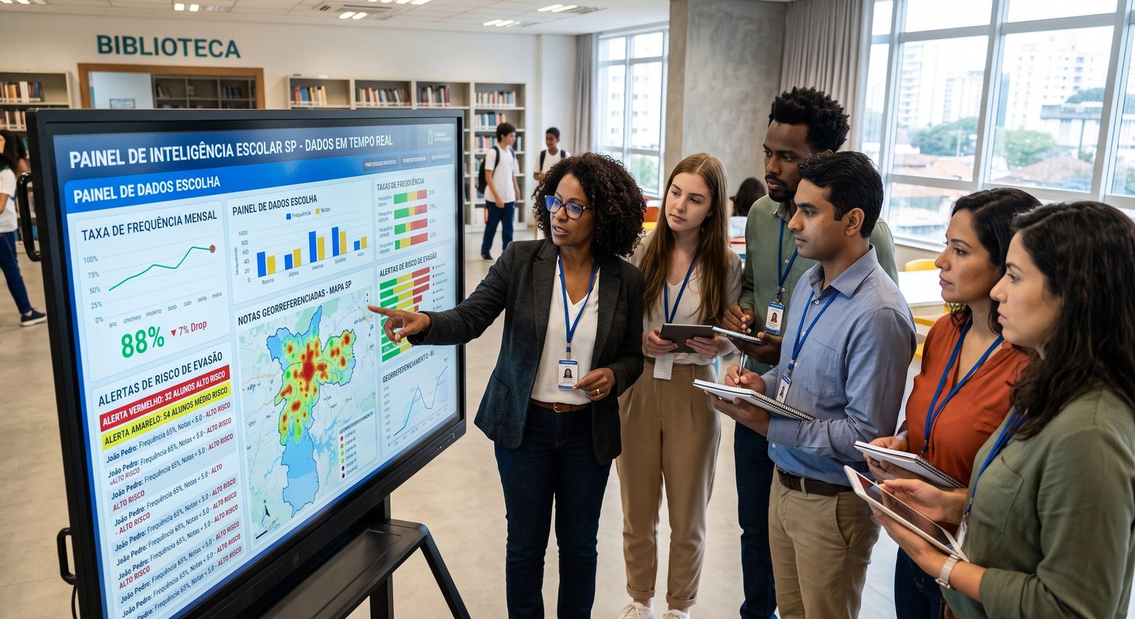 Professores e gestores escolares analisando painel de inteligência artificial com dados de desempenho e alertas preventivos de evasão escolar