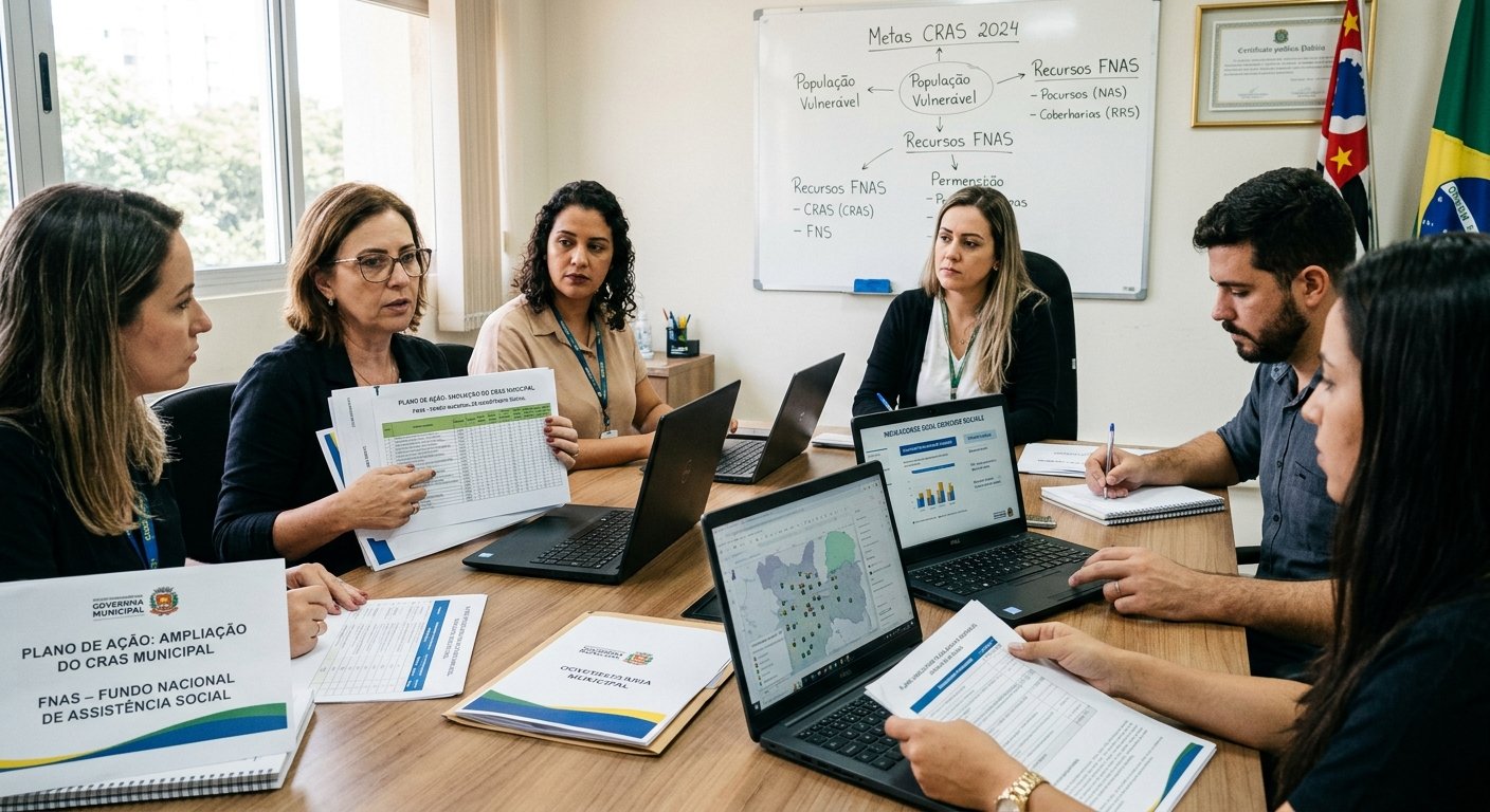 Equipe de assistência social e gestores públicos reunidos em sala de reunião planejando a aplicação de recursos do FNAS no CRAS