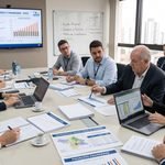 Gestores municipais e atuários em reunião analisando relatórios de avaliação atuarial e plano de monetização de ativos do RPPS