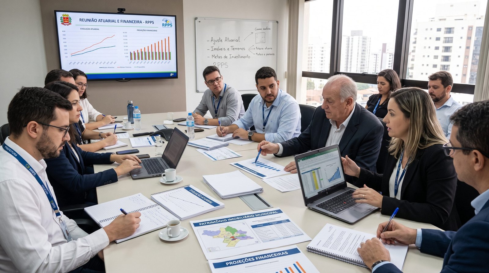 Gestores municipais e atuários em reunião analisando relatórios de avaliação atuarial e plano de monetização de ativos do RPPS