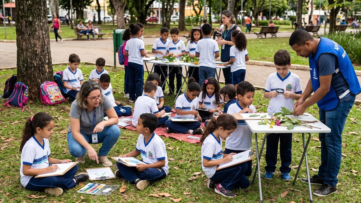 Estudantes da rede municipal em oficina cultural ao ar livre em parque público dentro do conceito de Bairro-Escola