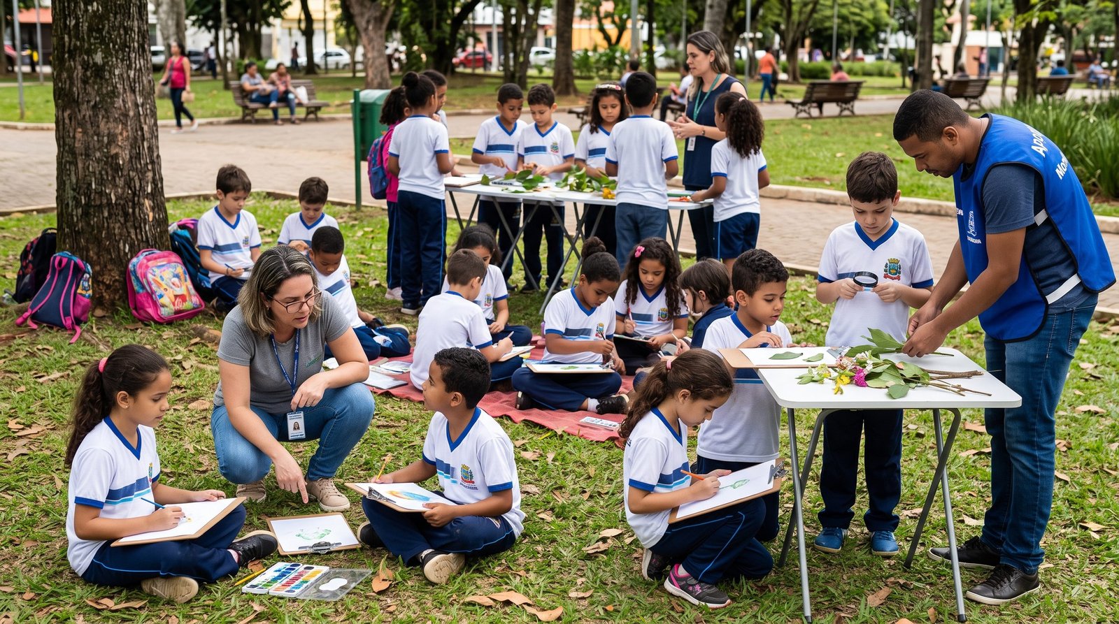 Estudantes da rede municipal em oficina cultural ao ar livre em parque público dentro do conceito de Bairro-Escola