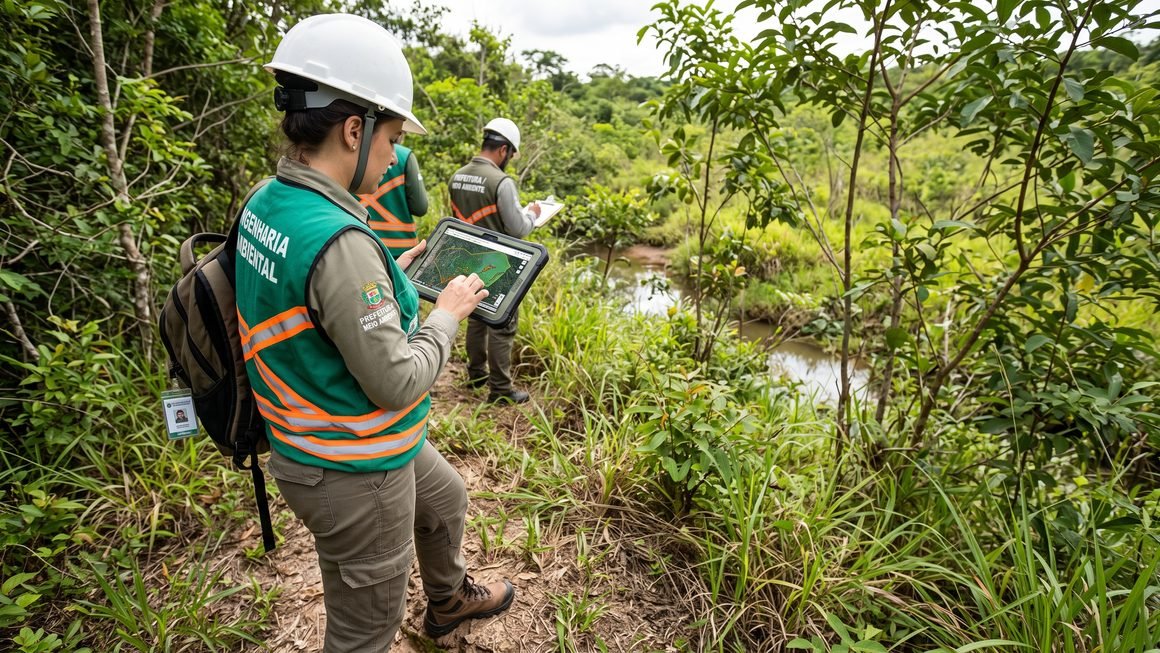 Fiscal e auditora ambiental de prefeitura analisando mapa georreferenciado e licença ambiental em tablet no campo