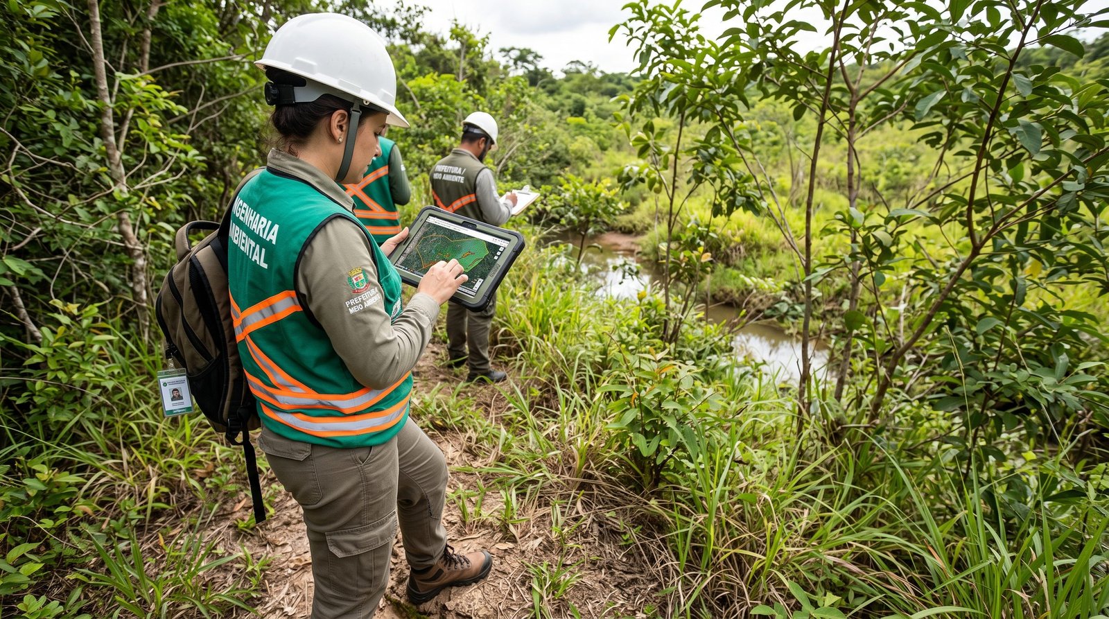 Fiscal e auditora ambiental de prefeitura analisando mapa georreferenciado e licença ambiental em tablet no campo
