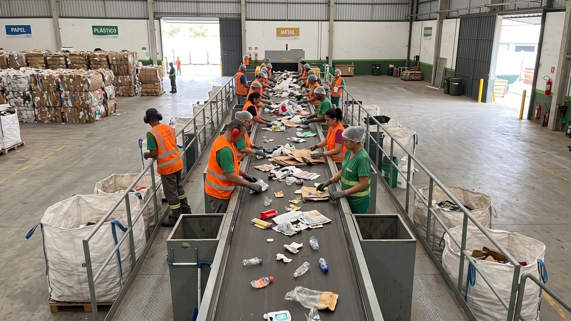 Integrantes de cooperativa de catadores de materiais recicláveis trabalhando em centro de triagem moderno equipado pela prefeitura