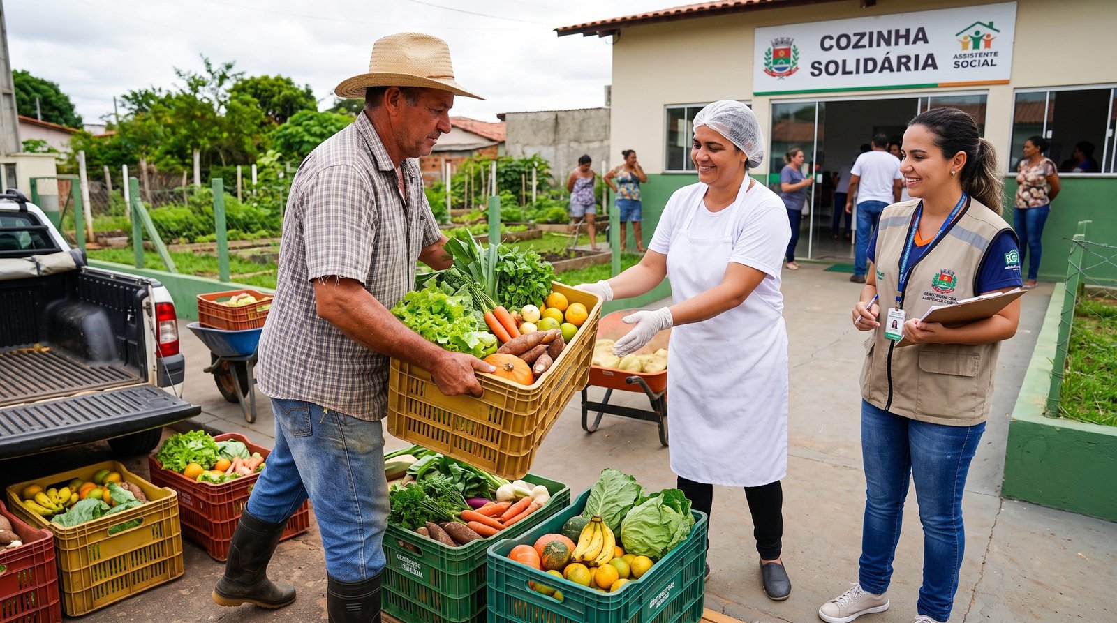 Agricultor familiar entregando caixas de hortifrúti frescos para equipe de Cozinha Solidária municipal