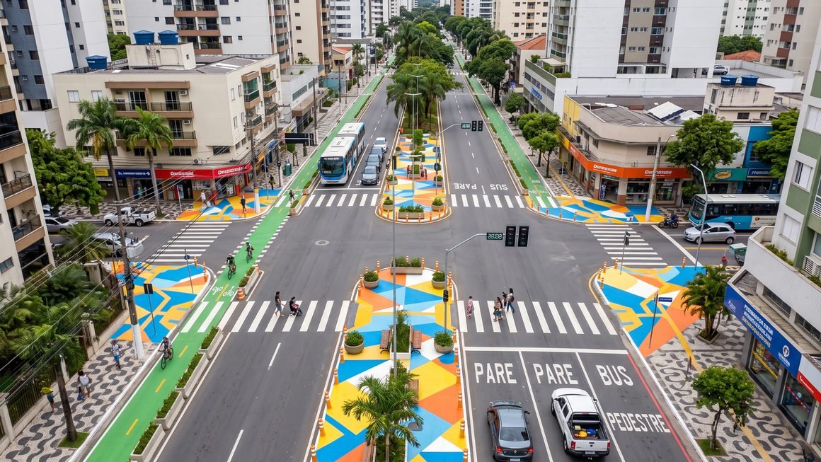 Cruzamento urbano remodelado com intervenção de urbanismo tático e sinalização viária preventiva para pedestres