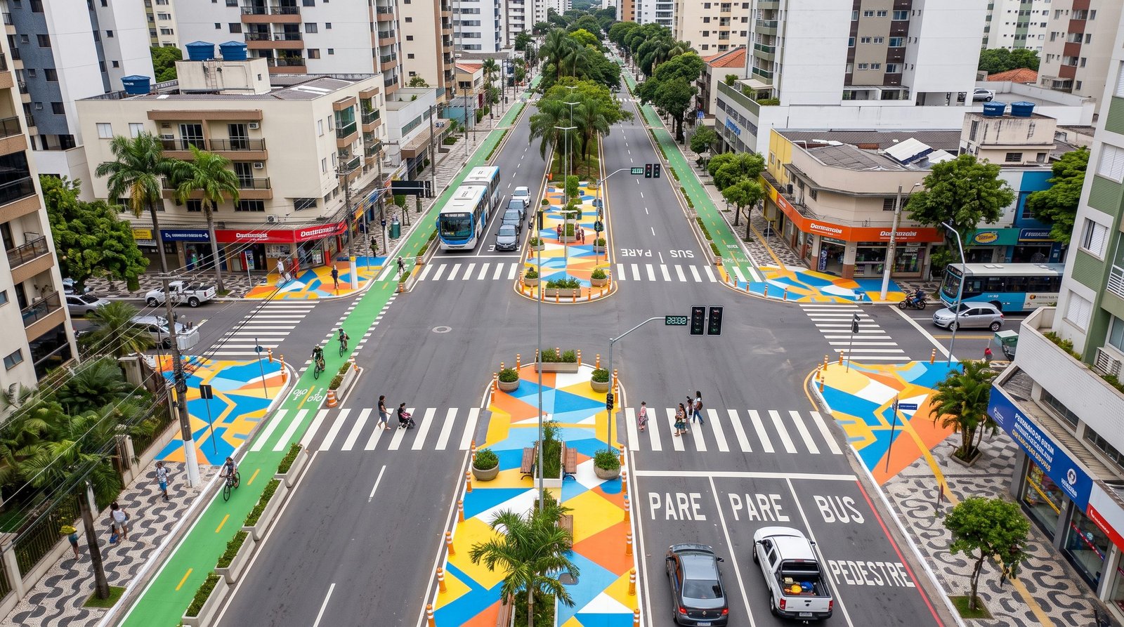 Cruzamento urbano remodelado com intervenção de urbanismo tático e sinalização viária preventiva para pedestres