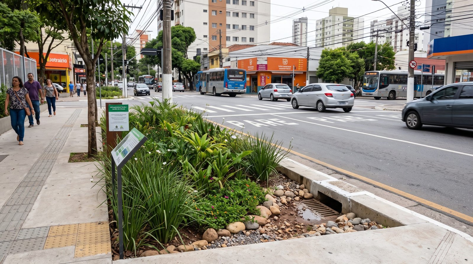 Jardim de chuva instalado em calçada urbana para captação e infiltração sustentável de águas pluviais