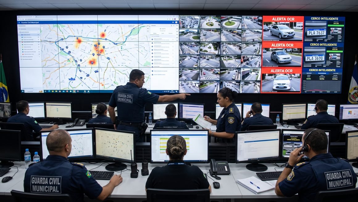 Operadores do Centro de Controle Operacional municipal monitorando mapa da cidade e telas de videomonitoramento com inteligência artificial e leitores de placas OCR