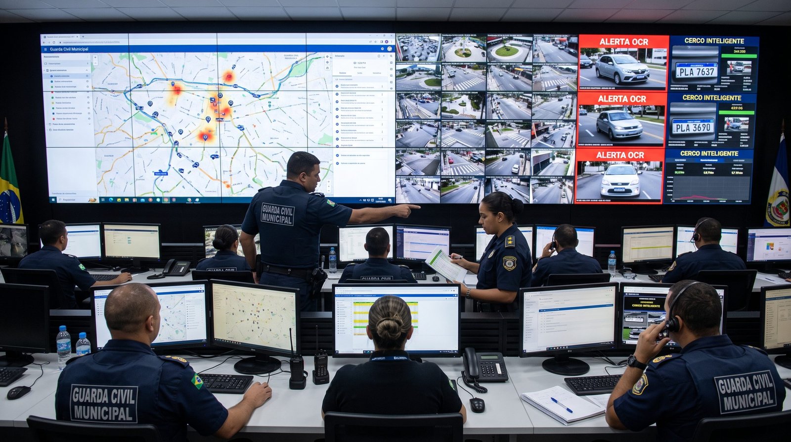 Operadores do Centro de Controle Operacional municipal monitorando mapa da cidade e telas de videomonitoramento com inteligência artificial e leitores de placas OCR