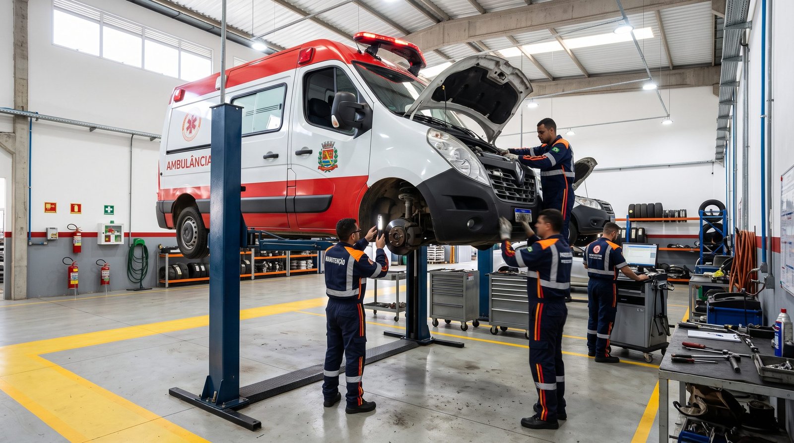 Ambulância do SAMU em manutenção preventiva dentro de uma oficina mecânica