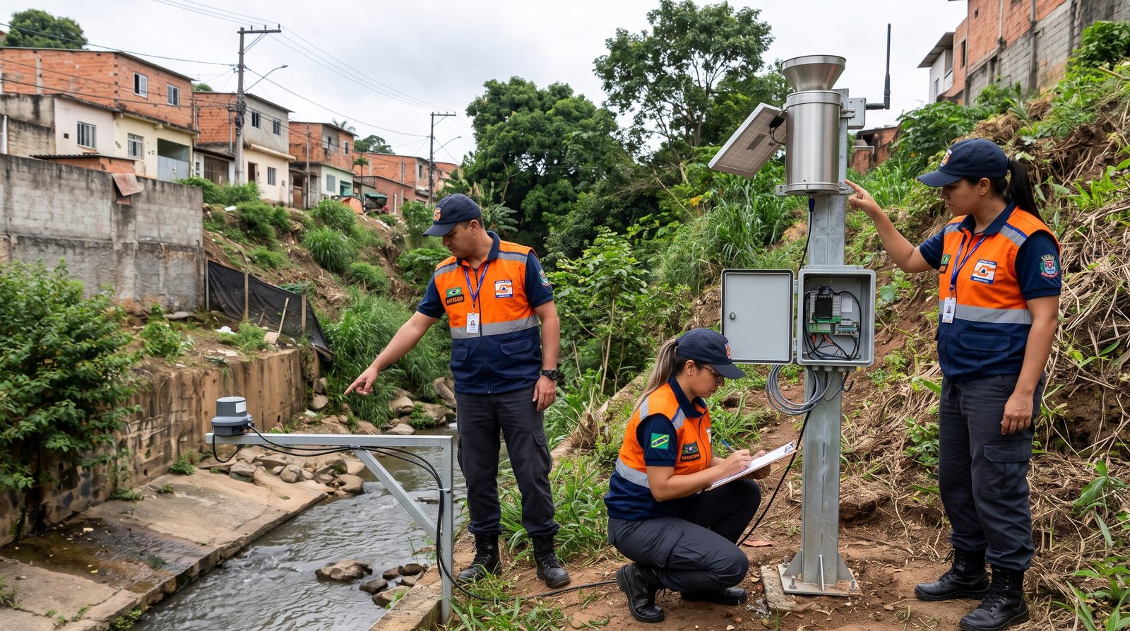 Agentes da Defesa Civil Municipal inspecionando sensor IoT de monitoramento em área de risco
