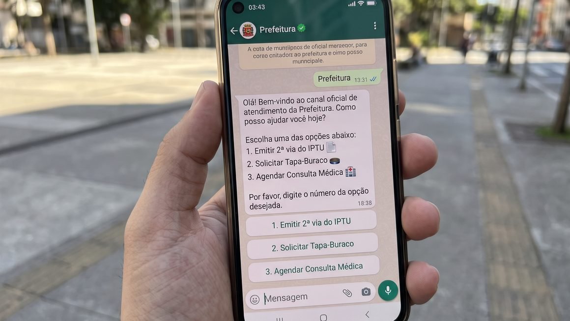 Cidadão utilizando o WhatsApp da prefeitura no celular para acessar serviços públicos municipais