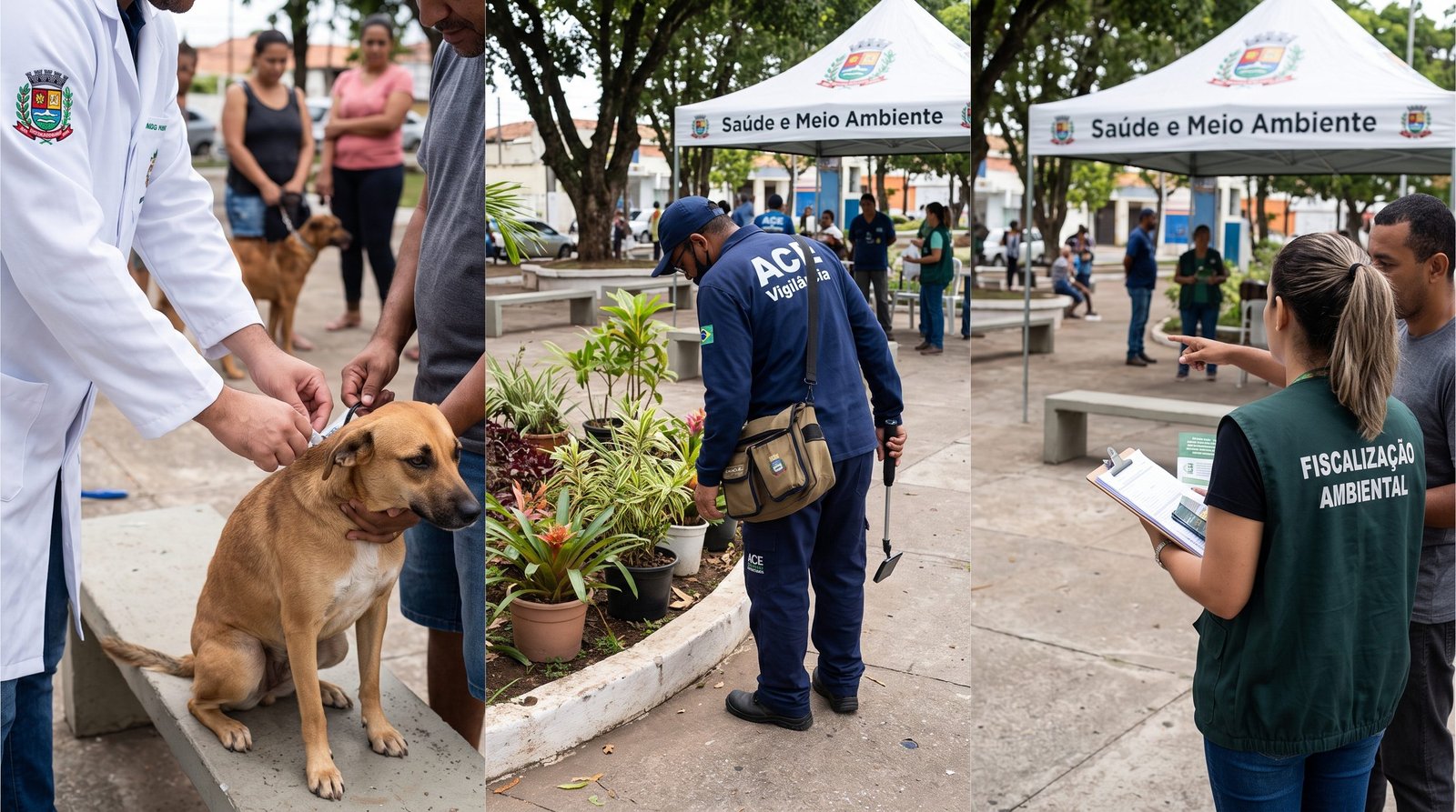 gentes de saúde, veterinários e fiscais ambientais reunidos em ação integrada de Saúde Única (One Health) na comunidade