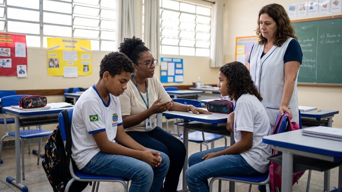 Educadora oferecendo apoio emocional e acolhimento a estudante no ambiente escolar municipal