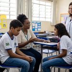 Educadora oferecendo apoio emocional e acolhimento a estudante no ambiente escolar municipal
